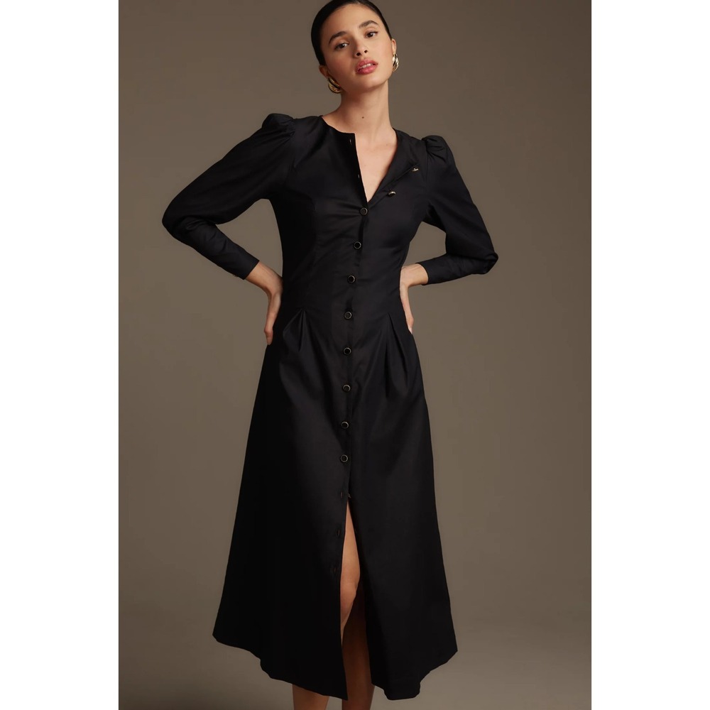 NWT $278 Reformation [ 12 ] Halia Long Sleeve‎ Button-Up Dress in Black #J2201